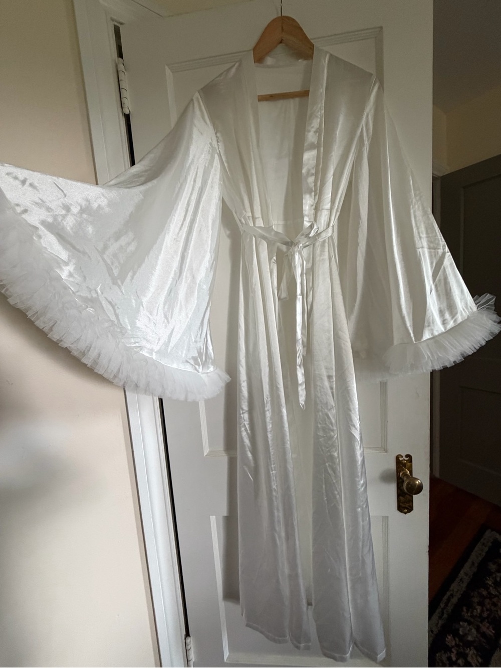 Satin Ruffle-Trim Long Robe - White - Picture 2 of 3
